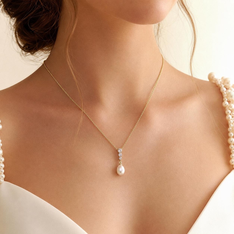 Parel bruidssieraden set zoetwaterparel ketting oorbellen set zirkoon parel drop sieraden minimalistische bruiloft sieraden bruidsmeisje cadeau voor haar afbeelding 10