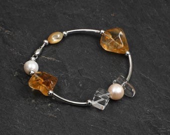 Natural Citrine Clear Quartz Pearl Bracelet, Natural Brazilian Gemstone, Sterling Silver, Handmade Modern Jewelry, Unique jewelry for Couple