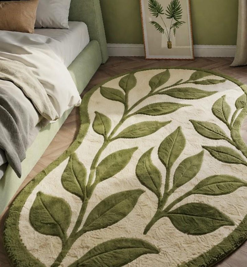 Hand Tufted Wool Rug Green Leaf, Botanical Area Rug, Organic Shape Rug ...