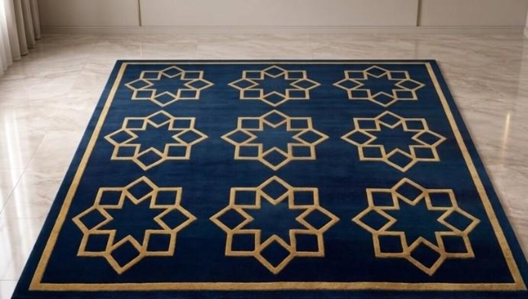 Hand Tufted Wool Rug Navy Blue Gold Geometric Star Pattern, Modern Area ...