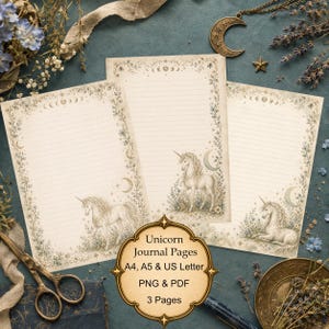 Könnte beinhalten: Drei Bögen liniertes Briefpapier mit einer Einhorn-Illustration im Vintage-Stil, floralen Rändern und Mondphasen. Ein zentrales Etikett zeigt den Text: Unicorn Journal Pages, A4, A5 & US Letter, PNG & PDF, 3 Pages.