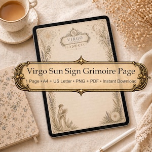 Puede incluir: Una página digital de Grimorio del Signo Solar de Virgo mostrada en una tableta. La página tiene una estética vintage con ilustraciones botánicas y la palabra "VIRGO" en la parte superior. El texto "Virgo Sun Sign Grimoire Page" está en una pancarta. También se ve una taza de café y un cuaderno.