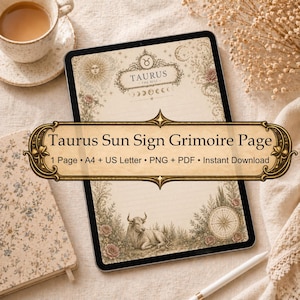 May include: A digital tablet displaying a Taurus Sun Sign Grimoire Page. The design features floral and celestial elements, including a sun, moon, and a bull illustration. The text on the page reads "Taurus Sun Sign Grimoire Page". A cup of coffee and a notebook are also visible.