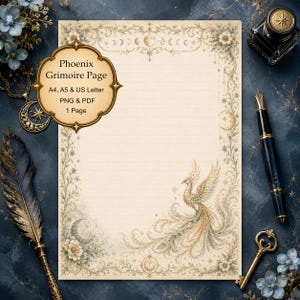 Peut inclure: Une page de papeterie lignée couleur crème avec une illustration de phénix doré, des bordures florales et des phases lunaires. Un encart doré indique Phoenix Grimoire Page, A4, A5 & US Letter, PNG & PDF, 1 Page. Entourée d'une plume, d'un encrier et d'une clé.