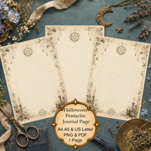 May include: Three sheets of cream-coloured stationery featuring a pentacle emblem at the top, floral borders, and candle illustrations. The pages include dot grid, blank, and lined layouts. Text reads: Halloween Pentacles Journal Page A4, A5 & US Letter PNG & PDF 1 Page.