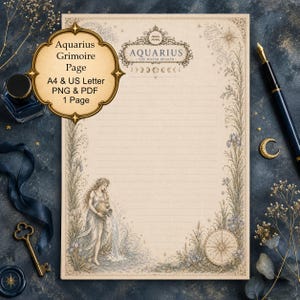 Znak zodiaku Wodnik do druku, strona do pisania znaku powietrznego, wkładka do dziennika „Grimoire Celestial”, arkusz do planowania astrologii
