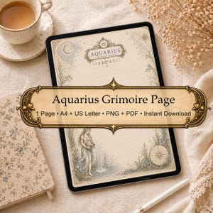 Página imprimible del grimorio de Acuario, página del diario del zodíaco, inserto del Libro de las Sombras de la astrología, descarga digital de temática mística.