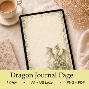 Puede incluir: Una página de diario digital con una ilustración de dragón. La página tiene un fondo crema con papel rayado y bordes florales decorativos. El texto "Dragon Journal Page" está en la parte inferior.