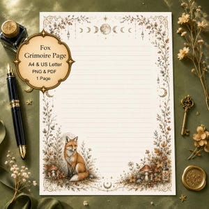May include: A rectangular stationery page featuring a fox, mushrooms, and moon phases in a botanical border. The page includes horizontal lines for writing. A black fountain pen, a gold key, and a wax seal are placed around the paper.