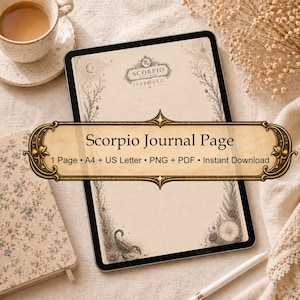 Pagina del grimorio dello Scorpione stampabile, pagina del diario zodiacale dello Scorpione, inserto del Libro delle Ombre astrologico, carta da scrittura esoterica