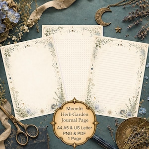 Moonlit Herb Garden Journal Pages, Printable Grimoire Writing Paper, Vintage Botanical Stationery, Blank Lined Dot Grid