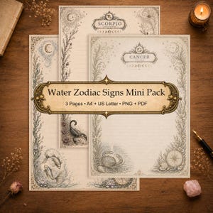 May include: A set of three stationery pages featuring zodiac signs Scorpio, Cancer, and Pisces with intricate botanical borders, celestial motifs, and detailed illustrations of a scorpion, crab, and fish. The text reads Water Zodiac Signs Mini Pack.