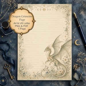 May include: A cream-colored stationery page with horizontal lines, featuring a dragon illustration, floral borders, and moon phases. Text on the page reads: Dragon Grimoire Page, A4 & US Letter, PNG & PDF, 1 Page. The design includes stars and vines.
