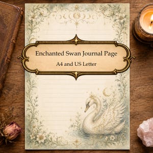 May include: A rectangular journal page featuring a central decorative frame with the text Enchanted Swan Journal Page A4 and US Letter. The page has horizontal lines, a swan illustration, moon phases, and floral borders in muted green and gold tones.