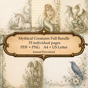 Puede incluir: Un paquete de descarga digital con páginas rayadas e ilustraciones de criaturas míticas. Las imágenes incluyen un unicornio, una sirena, un dragón, un grifo y un cuervo. El texto de la imagen dice "Mythical Creatures Full Bundle, 33 individual pages, PDF + PNG, A4 + US Letter, Instant Download."