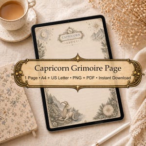 Stenbockens Grimoire-sida utskrivbar, Stenbockens stjärnteckens journalsida, astrologibok av skuggor infoga, häxig digital nedladdning