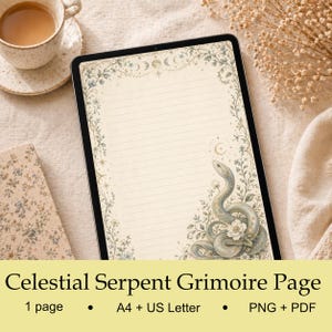 Op de afbeelding: Een digitale grimoire-pagina met een hemels slangontwerp. De crèmekleurige pagina heeft een gedetailleerde illustratie van een slang met bloemaccenten en gelijnd papier. De tekst onderaan luidt "Celestial Serpent Grimoire Page".