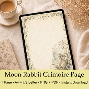 Op de afbeelding: Een digitale tablet toont een gelijnde grimoire pagina met een maan- en konijnillustratie. De pagina is omlijst met bloemen en hemelse ontwerpen. De tekst onderaan luidt "Moon Rabbit Grimoire Page" en "1 Page • A4 + US Letter • PNG + PDF • Instant Download."