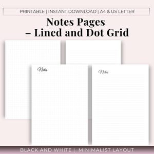 Puede incluir: Descarga digital de páginas de notas imprimibles con diseños de líneas y cuadrículas de puntos. Las páginas son en blanco y negro, con la palabra "Notes" en escritura cursiva. Incluye tamaños A4 y US Letter.