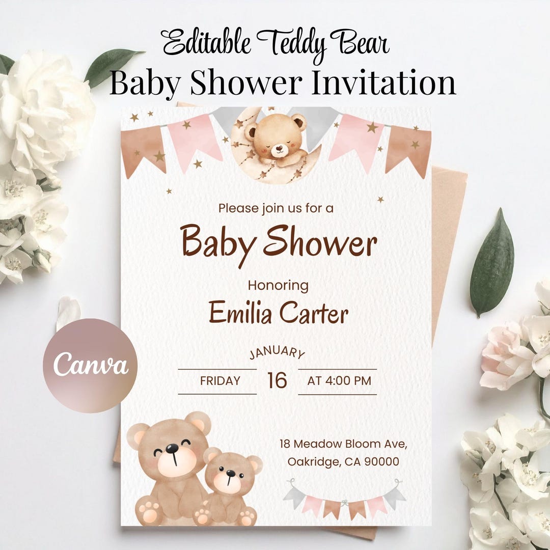 Teddy Bear Baby Shower Invitation Editable Canva Template Neutral Boho ...