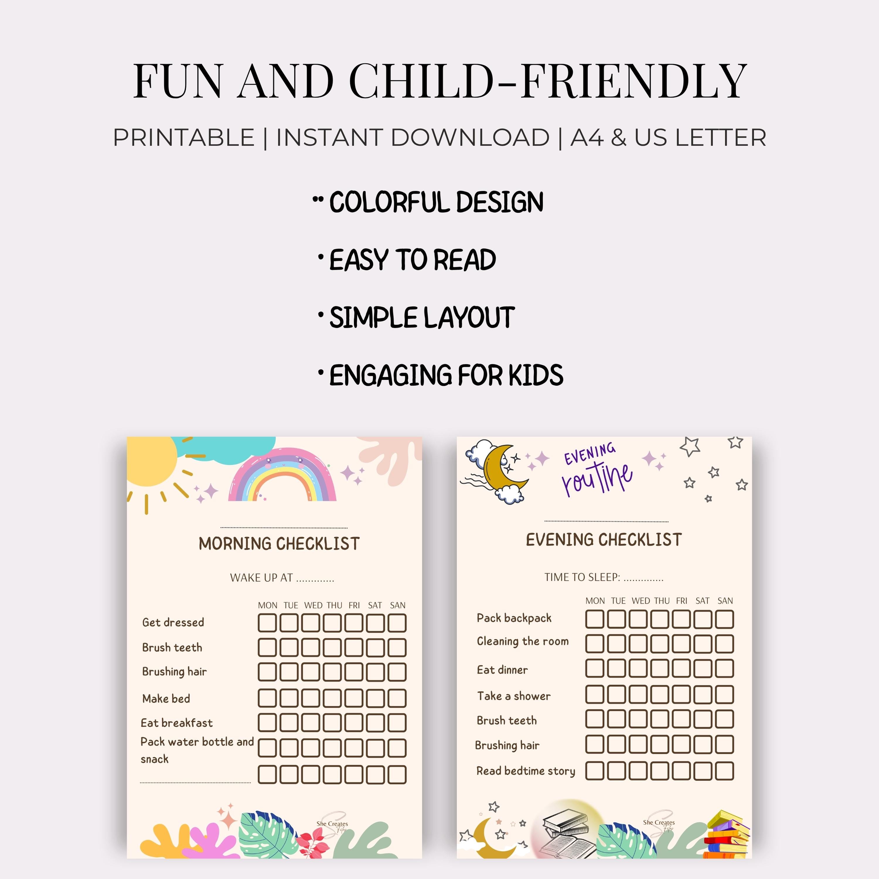 Kids Daily Routine Chart Printable, Morning and Evening Checklist ...