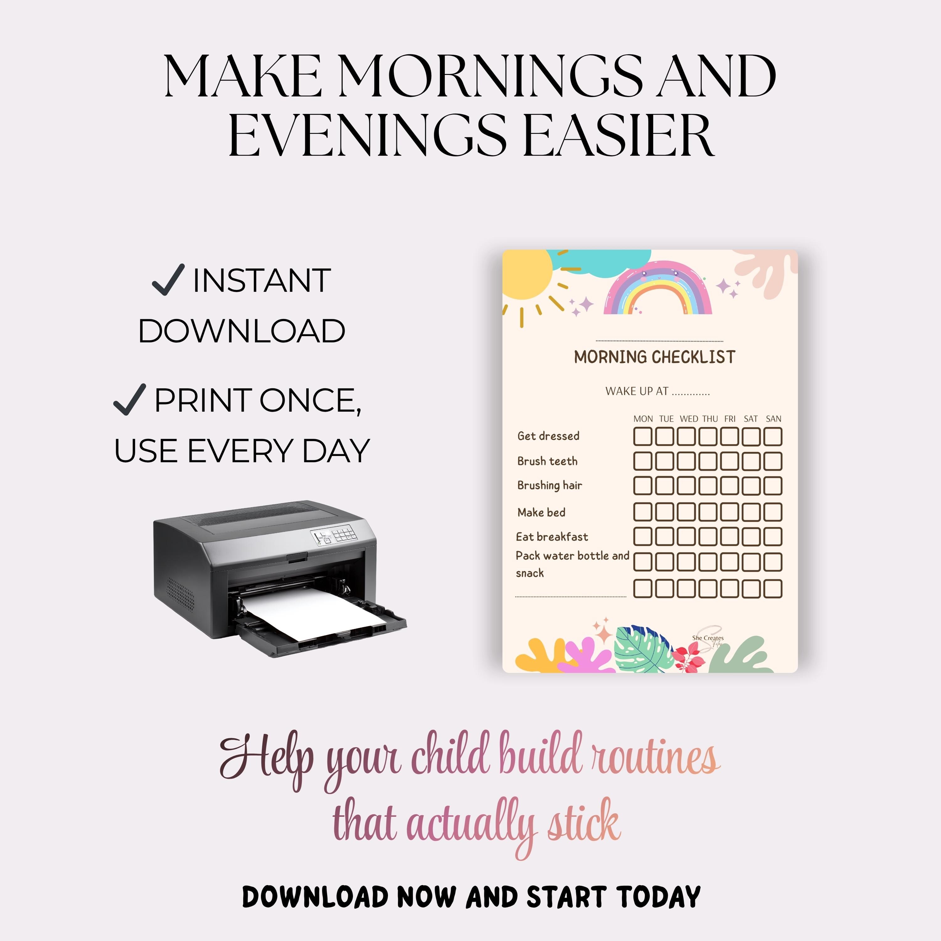Kids Daily Routine Chart Printable, Morning and Evening Checklist ...