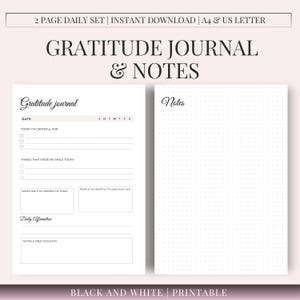 Può includere: Un set stampabile di diario della gratitudine e note di due pagine. La pagina di sinistra è un diario della gratitudine con suggerimenti per la riflessione quotidiana. La pagina di destra è una pagina di note a griglia di punti. Il testo include "Gratitude Journal & Notes".