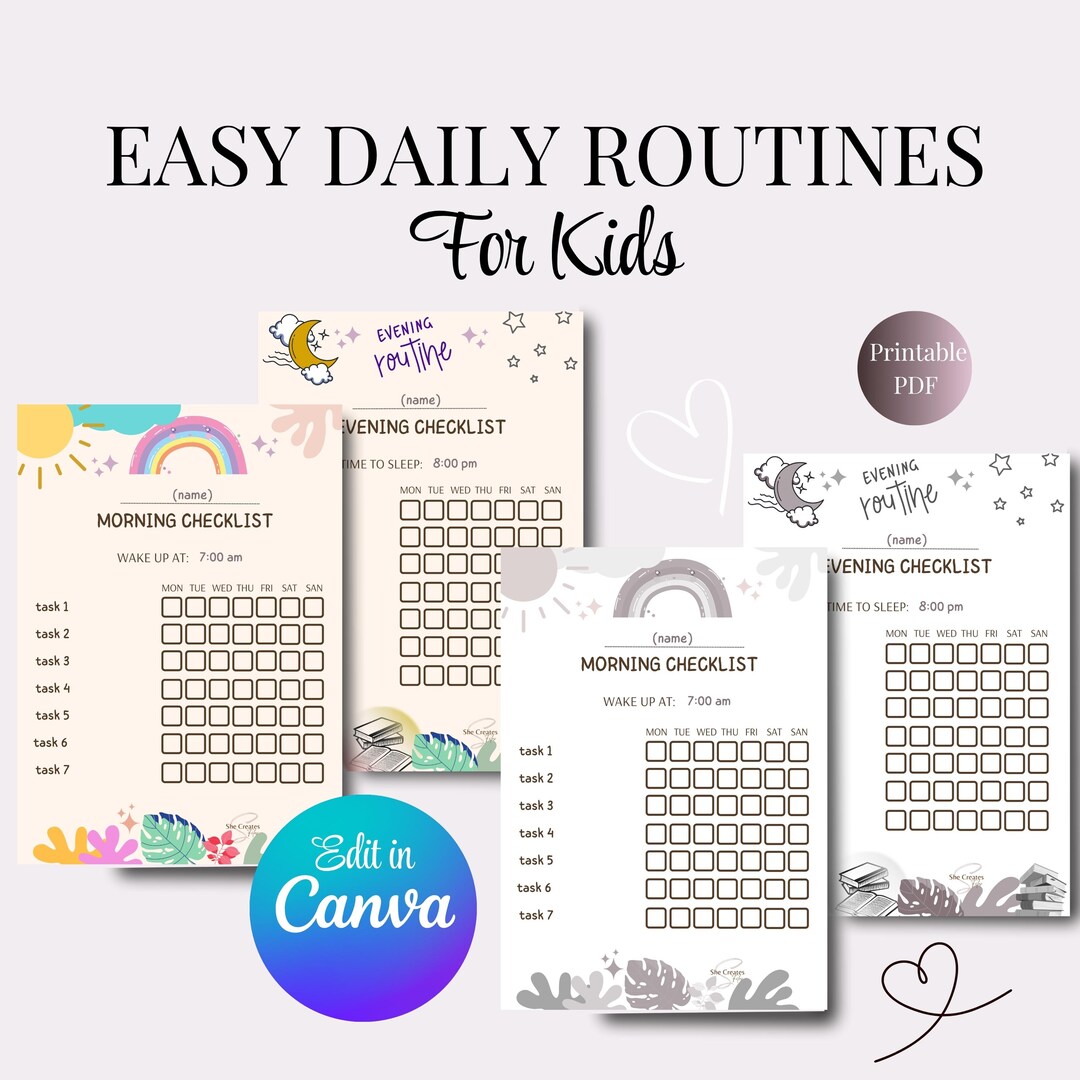 Kids Routine Chart Canva Editable Morning Evening Checklist Printable ...
