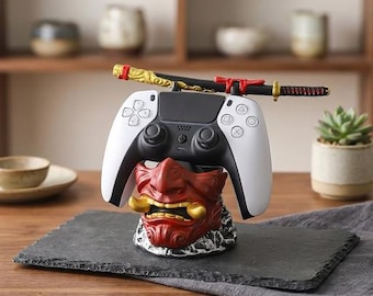 Epic Gaming Controller Stand PS5 Xbox Holder Samurai Oni Mask Norse Viking Axe Desk Accessory Gamer Boyfriend Gift Men Gaming Room Decor