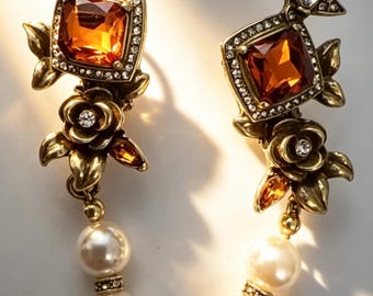Vintage Inspired Amber Crystal & Pearl Drop Earrings | Gold Tone