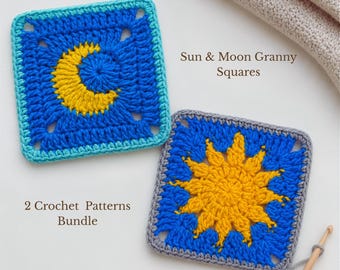 Paquete de patrones de ganchillo cuadrados de sol y luna para abuelas, PDF con diseño de bloque celestial para manta afgana, motivo de luna y sol para manta a ganchillo, patrones de ganchillo fáciles.
