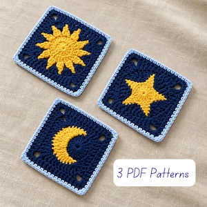 May include: Three square crochet motifs featuring a sun, a star, and a crescent moon in yellow yarn on a dark blue background, each bordered with light blue yarn. The text 3 PDF Patterns is displayed in a white box in the lower right corner.