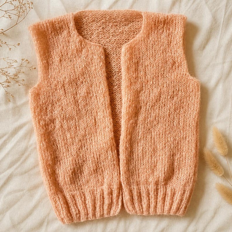 May include: A peach-colored, open-front knitted vest. The sleeveless garment features a rounded neckline and ribbed hem. The soft, textured knitwear is displayed on a neutral background, showcasing its delicate construction and color.