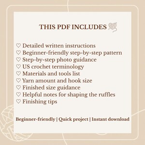 May include: A beige PDF document with the text "THIS PDF INCLUDES" and a list of crochet pattern features, including instructions, photo guidance, and US terminology. The document also mentions yarn amount, hook size, and finished size guidance.
