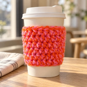 Könnte beinhalten: Ein weißer Einweg-Kaffeebecher mit passendem weißem Kunststoffdeckel, der mit einer dicken, handgehäkelten Manschette aus abwechselnd leuchtend orangefarbenem und pinkfarbenem Garn versehen ist. Das strukturierte Strickmuster umschließt die Mitte.