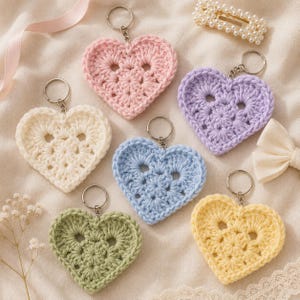 May include: A collection of six crochet heart-shaped keychains in various pastel colors: pink, lavender, cream, blue, green, and yellow. Each keychain has a silver ring and a textured, openwork design. A pearl hair clip and a bow are also visible.
