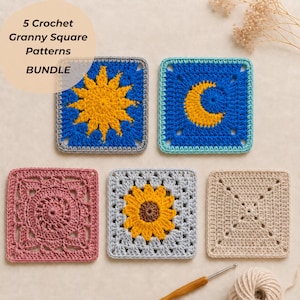 Könnte beinhalten: Präsentation von fünf farbenfrohen Granny-Square-Mustern zum Häkeln. Die Quadrate zeigen Designs von Sonne, Mond, Sonnenblume und anderen geometrischen Mustern. Der Text "5 Crochet Granny Square Patterns BUNDLE" ist sichtbar.
