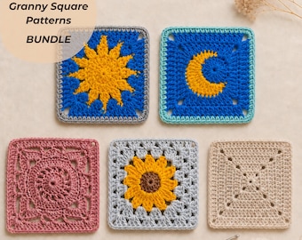 Paquete de 5 patrones de cuadrados de ganchillo estilo abuela, PDF de cuadrados de sol, luna, girasol y flores, patrones de motivos de ganchillo aptos para principiantes.