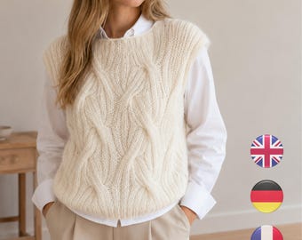May include: A cream-colored cable knit sweater vest featuring a thick, textured braided pattern on the front. The sleeveless garment has a round neckline and is layered over a crisp white long-sleeved button-down shirt and light tan trousers.