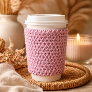 May include: A white disposable coffee cup with a pink crocheted cozy. The cup sits on a woven tray, with a lit candle and decorative vase in the background. The cozy is made of a soft, textured yarn.