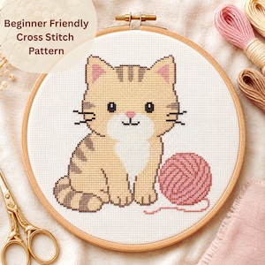 Cat Cross Stitch Pattern PDF, Beginner Friendly Cute Kitten with Yarn, Easy Cross Stitch Chart, Cat Lover Gift, Crochet Knitting Lover Gift