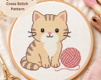 Patrón de punto de cruz de gato en PDF, ideal para principiantes. Lindo gatito con hilo. Gráfico de punto de cruz fácil. Regalo para amantes de los gatos. Regalo para amantes del crochet y el tejido.