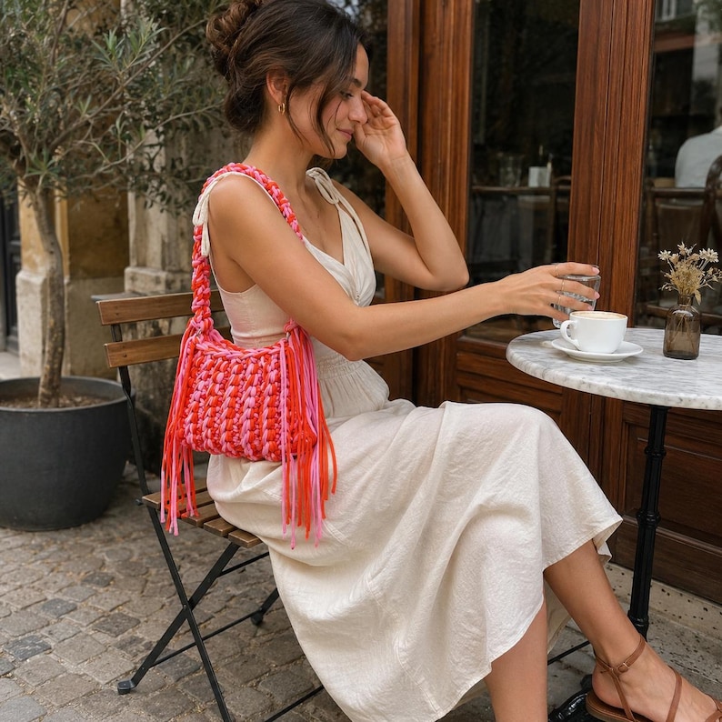 May include: A vibrant crochet shoulder bag featuring a mix of bright red and pink yarn, constructed with a thick, textured weave and long, dangling fringe tassels hanging from the bottom and sides, complete with a matching braided shoulder strap.