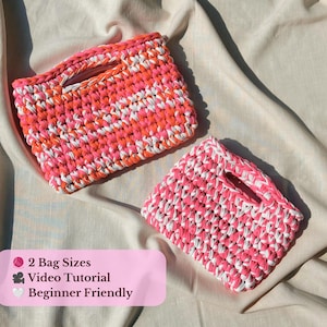 Crochet Tote Bag Pattern with Video, Beginner T-Shirt Yarn Bag in 2 Sizes