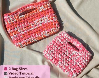 Crochet Tote Bag Pattern with Video, Beginner T-Shirt Yarn Bag in 2 Sizes