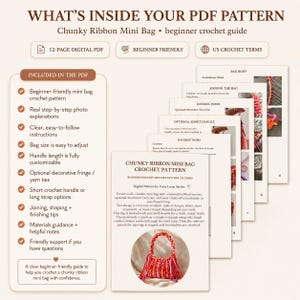May include: A digital PDF crochet pattern for a chunky ribbon mini bag. The document includes 12 pages of step-by-step instructions, photos, and guidance for beginners using US crochet terms to create a bag with optional fringe and handles.