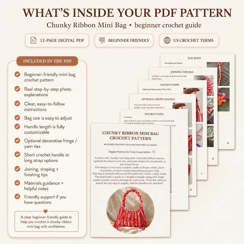 May include: A digital PDF crochet pattern for a chunky ribbon mini bag. The document includes 12 pages of step-by-step instructions, photos, and guidance for beginners using US crochet terms to create a bag with optional fringe and handles.