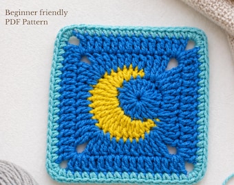 Motif au crochet carré grand-mère lune PDF, conception facile et adaptée aux débutants, motif croissant de lune pour couverture, sac, oreiller bricolage