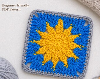 Patrón de ganchillo cuadrado "Sol Celestial" - Diseño de rayos de sol ideal para principiantes, perfecto para mantas, bolsos y proyectos acogedores (PDF)