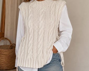 Cable Knit Vest Pattern, Sleeveless Sweater Vest Knitting Pattern, Side Tie Vest PDF, Women’s Longline Knit Vest Pattern